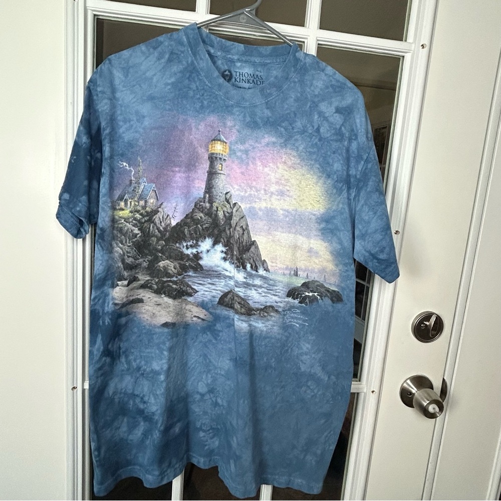 Thomas Kinkade “Rock of Salvation” Tie-Dye Lighthouse‎ Tee, Rare